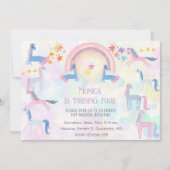 パステル虹の水色ユニコーン子供の誕生日 招待状 (正面)