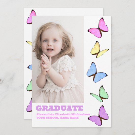 パステル蝶キッズフォト卒業 招待状 (正面/裏面)