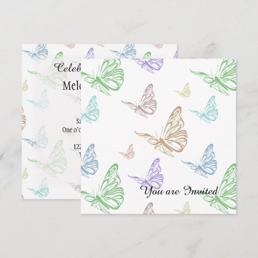 パステル蝶誕生日 招待状 (正面/裏面)