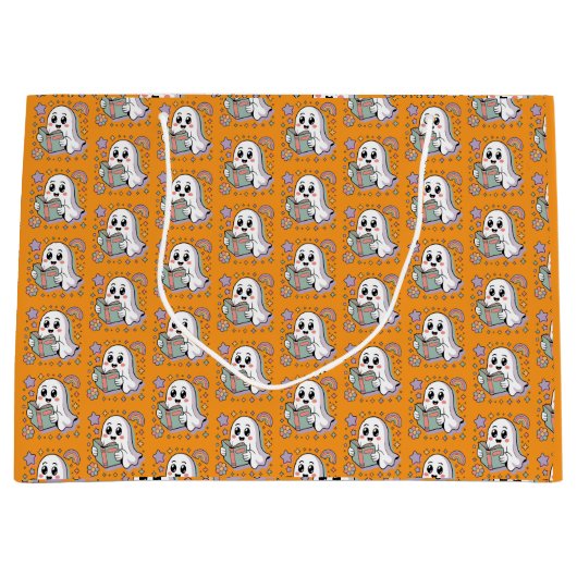 パステル読ズ本レトロ幽霊かわいいパターン ラージペーパーバッグ (正面)