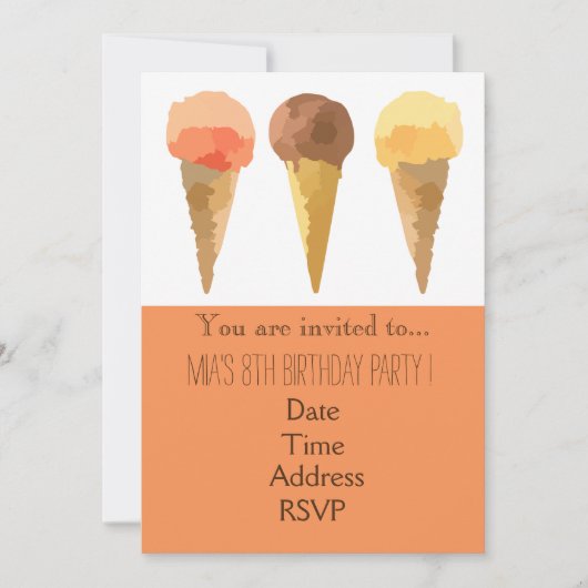 パステル調のアイスクリームの女の子の誕生会 招待状 (正面)