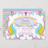 パステル調のグリッターのユニコーンの女の子の誕生日 招待状 (正面/裏面)