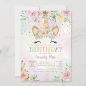 パステル調のユニコーンの花の子供の誕生日 招待状 (正面)