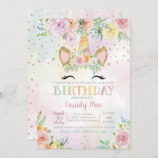 パステル調のユニコーンの花の子供の誕生日 招待状 (正面/裏面)