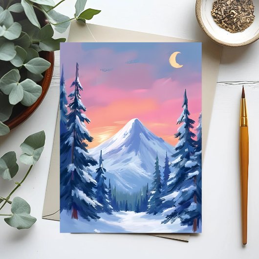 パステル調の冬の山の水彩風景 ポストカード