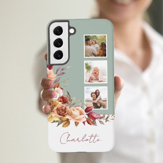 パステル調の可愛い花の水彩画 3枚の写真と名前 SAMSUNG GALAXYケース