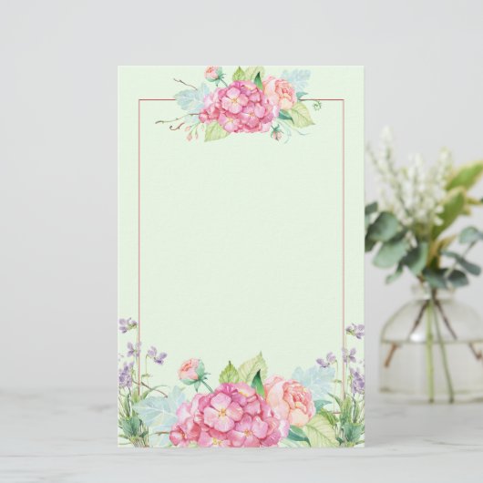 パステル調の夏の花およびピンクラインボーダー 便箋 (スタンド正面)