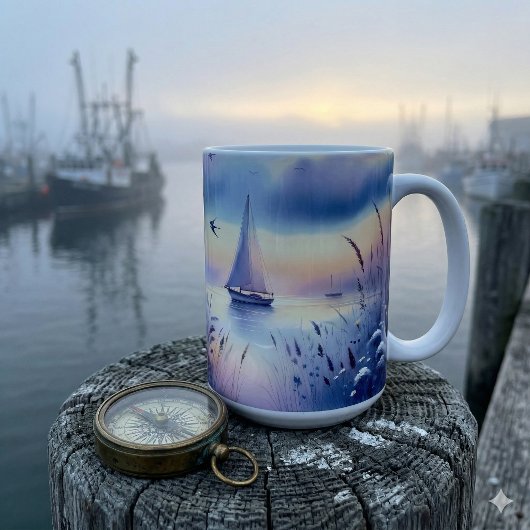 パステル調の帆船 海岸の夢景色 コーヒーマグカップ