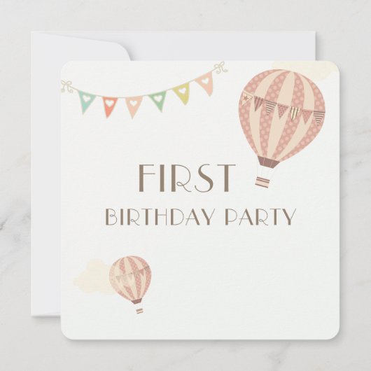 パステル調の旗布及び熱気の気球|の最初誕生日 招待状 (裏面)