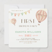 パステル調の旗布及び熱気の気球|の最初誕生日 招待状 (正面)