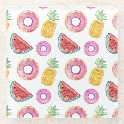 パステル調の水彩画のプールの浮遊物パターン ガラスコースター (正面)