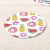 パステル調の水彩画のプールの浮遊物パターン ラウンドペーパーコースター (アングル)