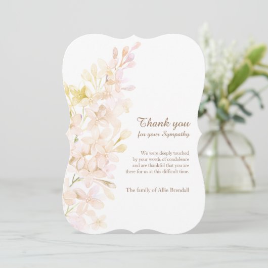 パステル調の水彩画のライラックの死別は感謝していしています サンキューカード (スタンド正面)