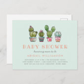 パステル調の水彩画の水気が多いサボテンのベビーシャワー インビテーションポストカード (正面/裏面)