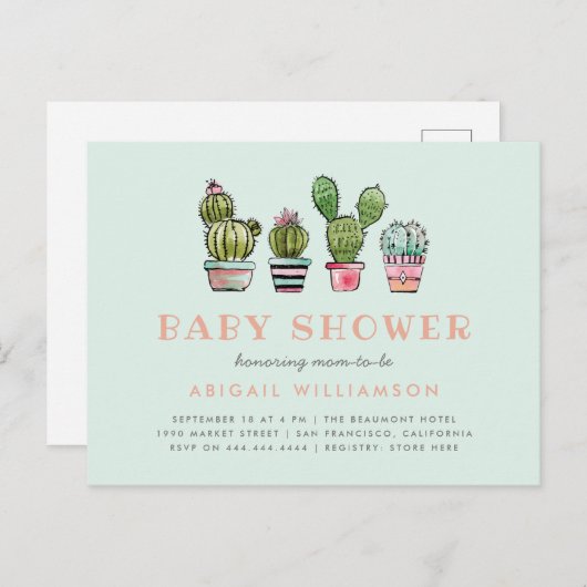 パステル調の水彩画の水気が多いサボテンのベビーシャワー インビテーションポストカード (正面/裏面)