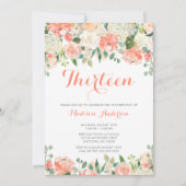 パステル調の水彩画の花の第13誕生日 招待状 (正面)