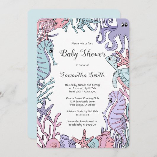 パステル調の海のテーマの海洋生物のベビーシャワーの招待状 招待状 (正面/裏面)