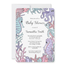 パステル調の海のテーマの海洋生物のベビーシャワーの招待状