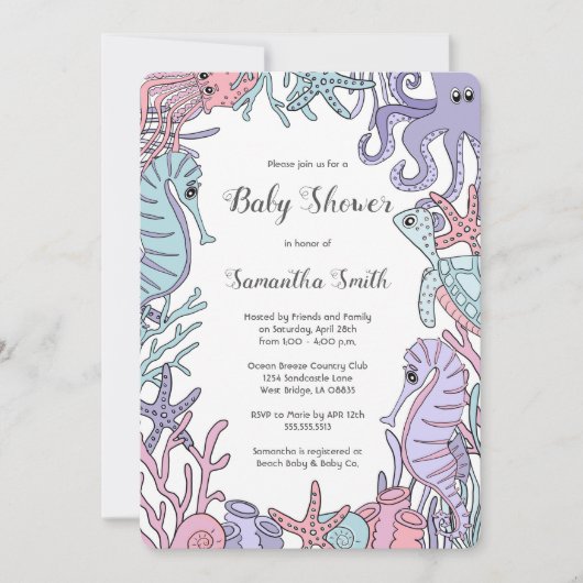 パステル調の海のテーマの海洋生物のベビーシャワーの招待状 招待状 (正面)