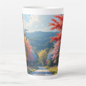 パステル調の秋の田舎道の水彩画 カフェラテマグ (正面)
