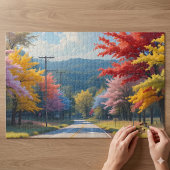 パステル調の秋の田舎道の水彩画 ジグソーパズル