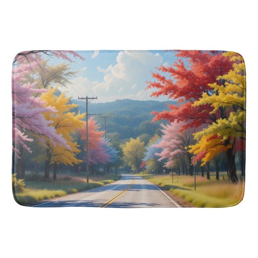 パステル調の秋の田舎道の水彩画 バスマット (正面)