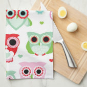 パステル調の粉色のフクロウの背景 キッチンタオル (四つ折り)