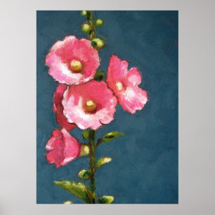 パステル調の絵画のプリント: ピンクのHOLLYHOCKS ポスター