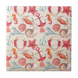 パステル調の航海のなタツノオトシゴのいかりのカニの貝のロブスター タイル