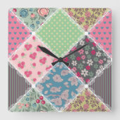 パステル調の花のキルトの正方形 スクエア壁時計 (正面)