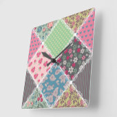 パステル調の花のキルトの正方形 スクエア壁時計 (傾斜)