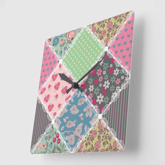 パステル調の花のキルトの正方形 スクエア壁時計 (傾斜)