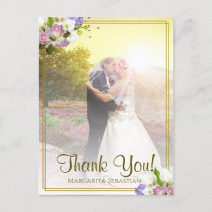 パステル調の花の金ゴールドフレームの結婚式は写真感謝していしています ポストカード