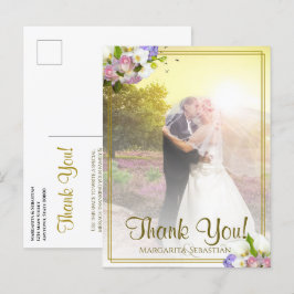 パステル調の花の金ゴールドフレームの結婚式は写真感謝していしています ポストカード