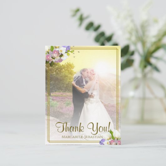 パステル調の花の金ゴールドフレームの結婚式は写真感謝していしています ポストカード (スタンド正面)