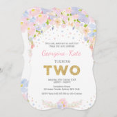 パステル調の花柄の第2誕生日の招待のピンクの紫色の金ゴールド 招待状 (正面/裏面)