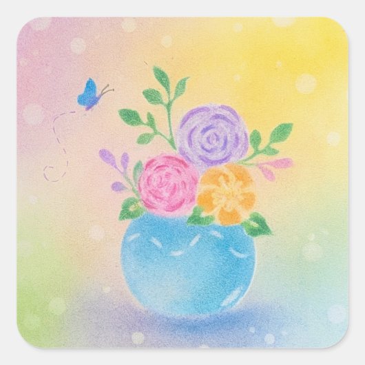 パステル調の花瓶の花と蝶のアート スクエアシール (正面)