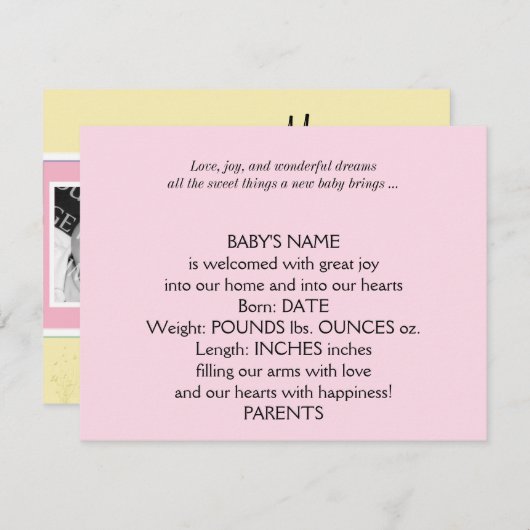 パステル調の虹フレームのベビーの発表 案内状 (正面/裏面)