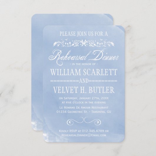 パステル調の青い水彩画のリハーサルの夕食の招待 招待状 (正面/裏面)