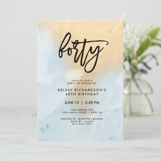 パステル調の青および金ゴールドは|の第40誕生会に大理石模様をつけます 招待状 (スタンド正面)