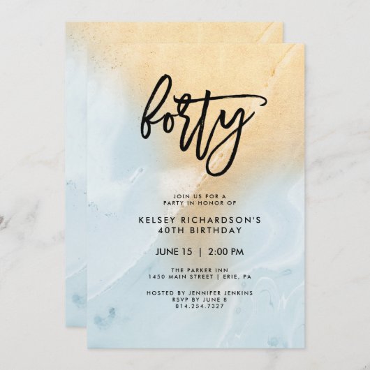 パステル調の青および金ゴールドは|の第40誕生会に大理石模様をつけます 招待状 (正面/裏面)