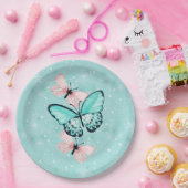 パステル調の青く、ピンクの蝶 ペーパープレート (パーティー)