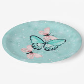 パステル調の青く、ピンクの蝶 ペーパープレート (アングル)