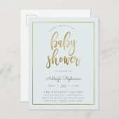 パステル調の青及び金ゴールドのタイポグラフィの男の子のベビーシャワー インビテーションポストカード (正面/裏面)
