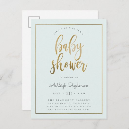 パステル調の青及び金ゴールドのタイポグラフィの男の子のベビーシャワー インビテーションポストカード (正面/裏面)