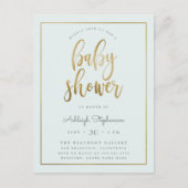 パステル調の青及び金ゴールドのタイポグラフィの男の子のベビーシャワー インビテーションポストカード (正面)