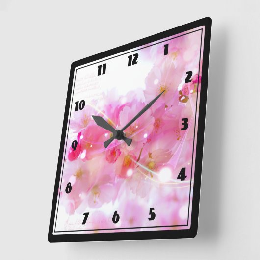 パステル調ピンクの花が付いている日本のな桜 スクエア壁時計 (傾斜)