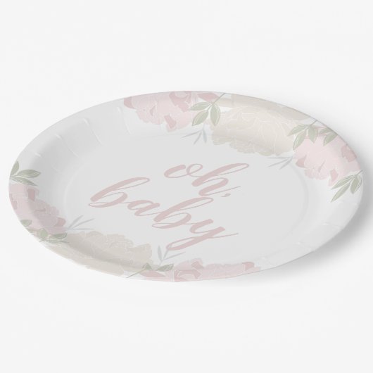 パステル調ピンクの花のシャクヤクのOhベビーのベビーシャワー ペーパープレート (アングル)