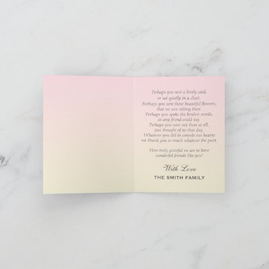 パステル調ピンクのOmbréの写真の悔やみや弔慰は感謝していしています サンキューカード (内部)