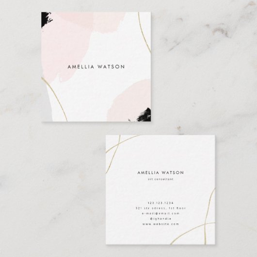 パステル調ピンク、黒い及び灰色の水彩画のブラシの打撃 スクエア名刺 (正面/裏面)